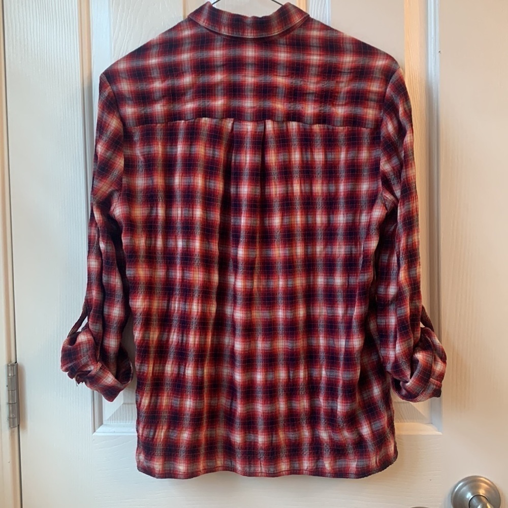 Alice + Olivia Glenna crinkle button down plaid women shirt red XS/TP - Picture 2 of 8